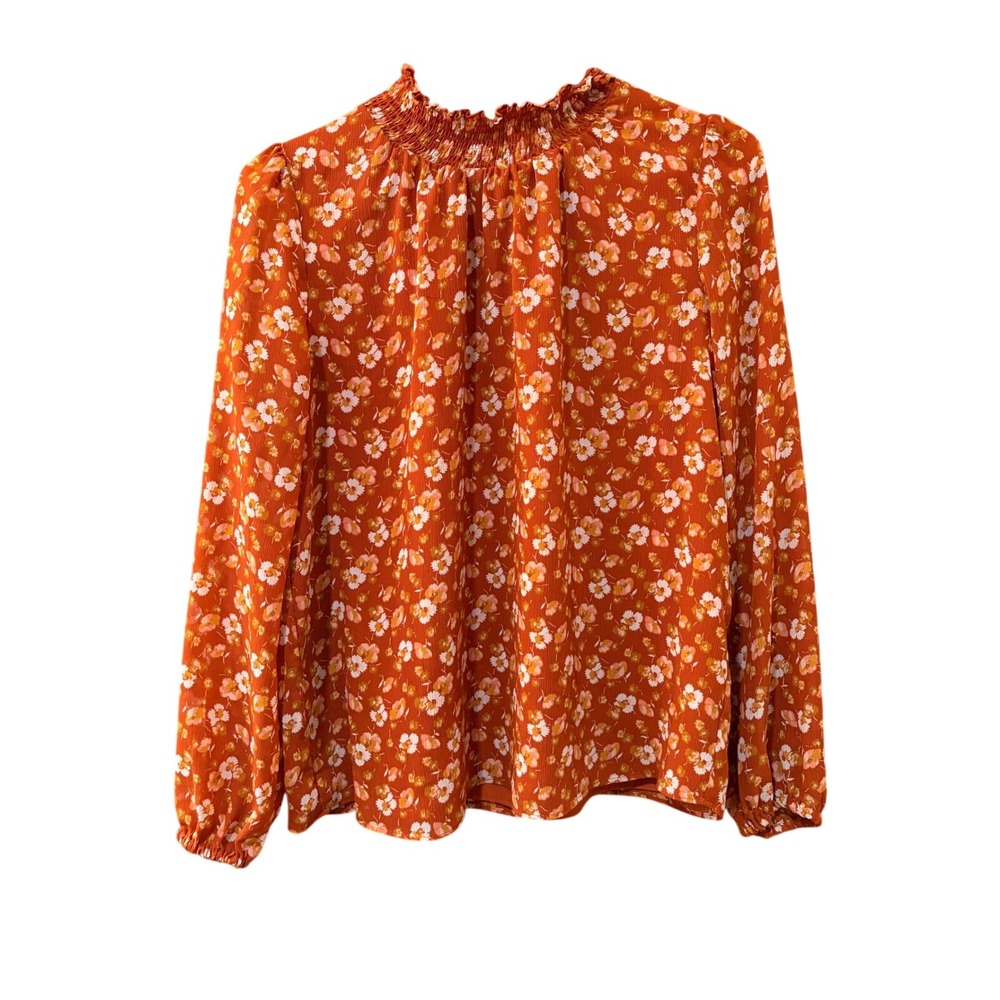 J.Crew Womens XS Burnt Orange Floral Smocked Mock Neck Long Sleeve Blouse Top